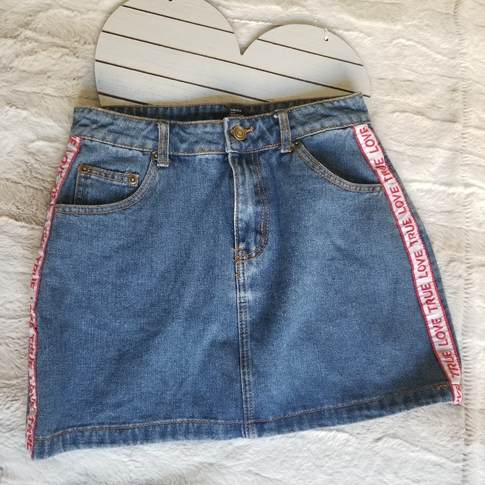 FOREVER 21 Ribbon-Trim Denim Skirt Blue